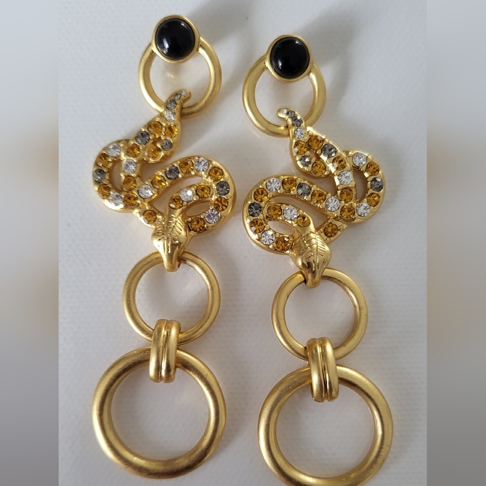 Vintage Gold-Tone Rhinestones Snake Drop Earrings Black Onyx Stones. Dead Stock